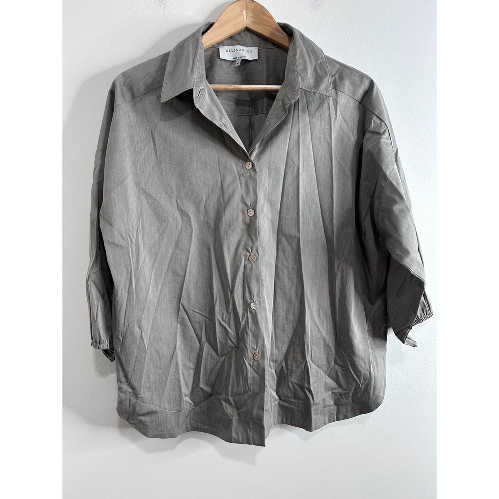 Allison Izu Gray Button Up Blouse Made in Hawaii Oversized 3/4 Lightweight Sz M